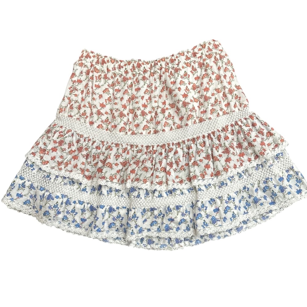 White Floral Tiered Cotton Mini Skirt Crochet Lace Trim Small